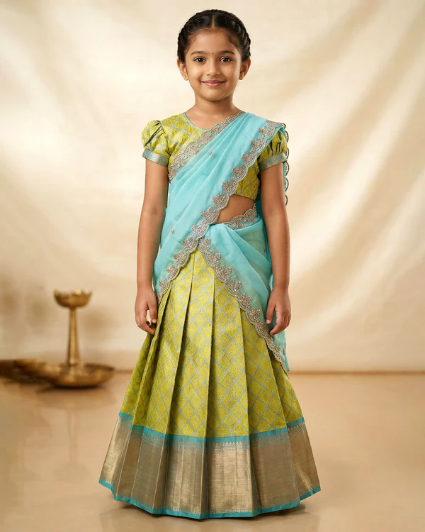 Traditional Girls Pavadai Dhavani Set Sleeve Blouse and Decorative Lace Border - Lime Green and Aqua Blue